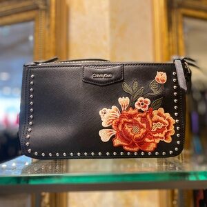 Calvin Klein Studded Saffiano Leather handbag with Peach Floral Embroidery